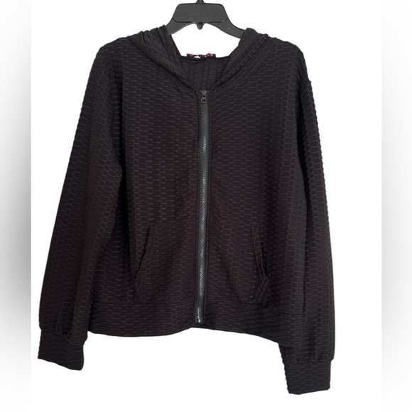 Women's Black Textured/waffled Jacket AQ Sports 2X lightweight, hood & pockets. - Picture 2 of 10